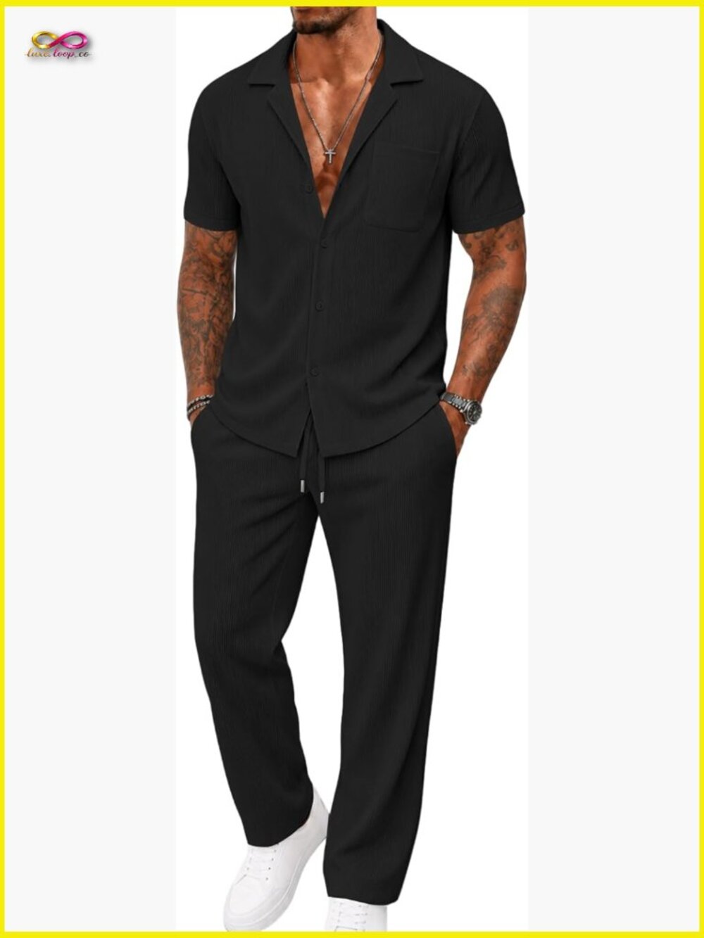 Summer 2 Piece Set Button Short Sleeve Shirt & Loose Pants Textured Striped